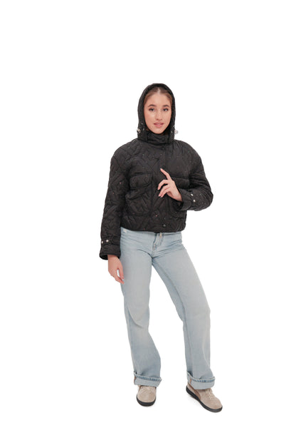 Studded Light Demi-Season Hooded Cropped Jacket in Black
