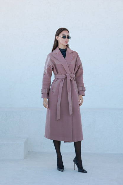 Rose Leather Trim Cashmere Blend Overcoat