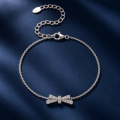 925 Sterling Silver White Gold Plated Moissanite Bow-Knot 15+6cm Bracelet for Women