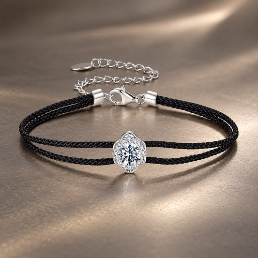 White Gold Plated Sterling Silver Round Moissanite Cord Bracelet