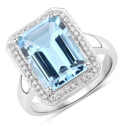Sterling Silver Blue Topaz and White Diamond Halo Ring