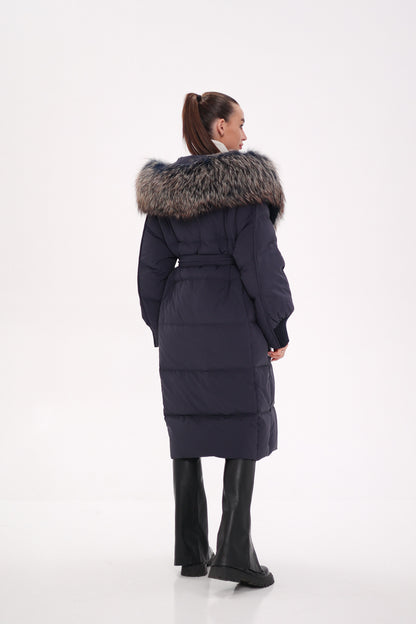 Rei Fur Trim Hooded Down Coat Navy