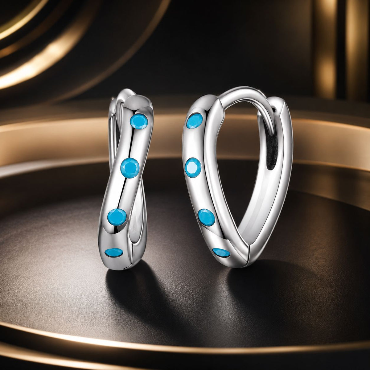Sterling Silver Synthetic Turquoise Oxidized Hoop Earrings