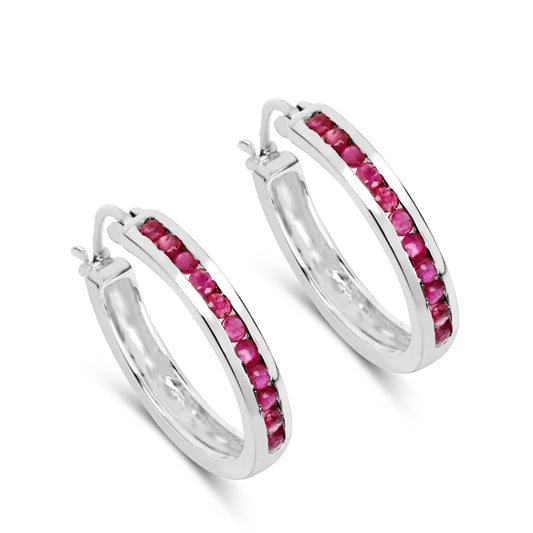 Sterling Silver Ruby Channel Set Hoop Earrings