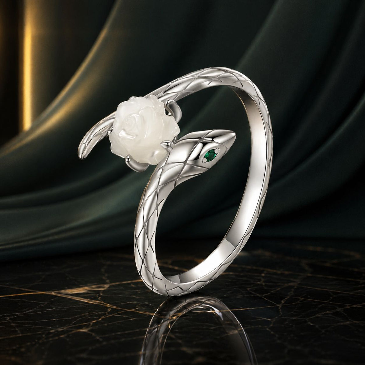 White Gold Plated Sterling Silver Cubic Zirconia & Shell Ring