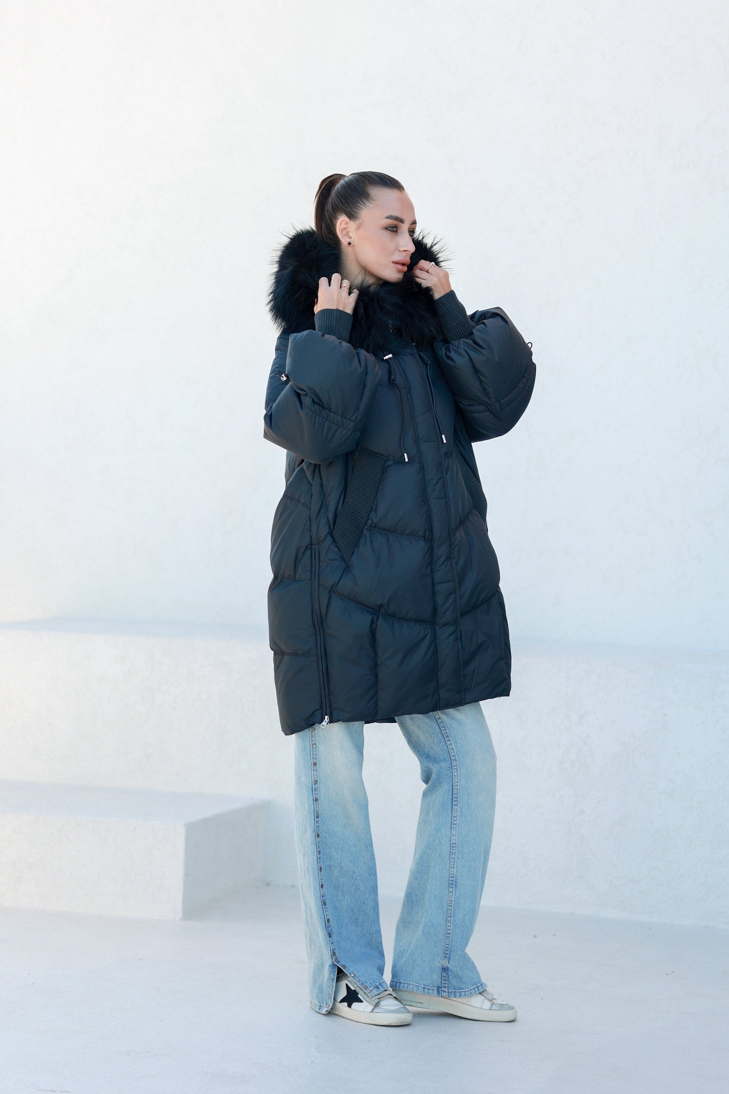 Celeste Fur Trim Down Fill Coat Black Coat