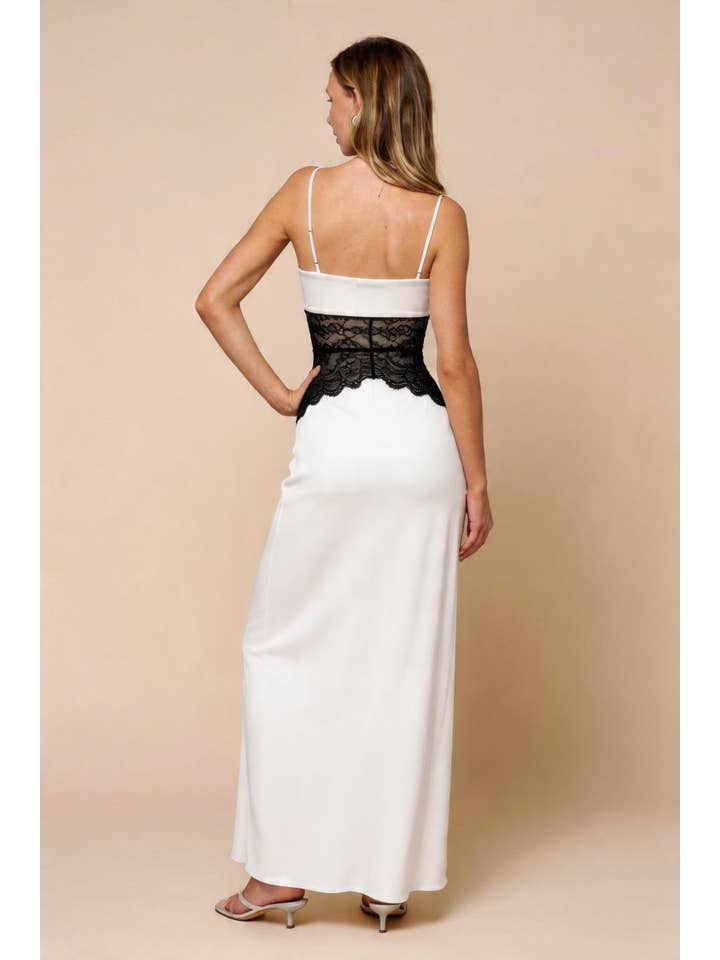 Color Block Lace Contrast Gathered Chest Maxi Dress