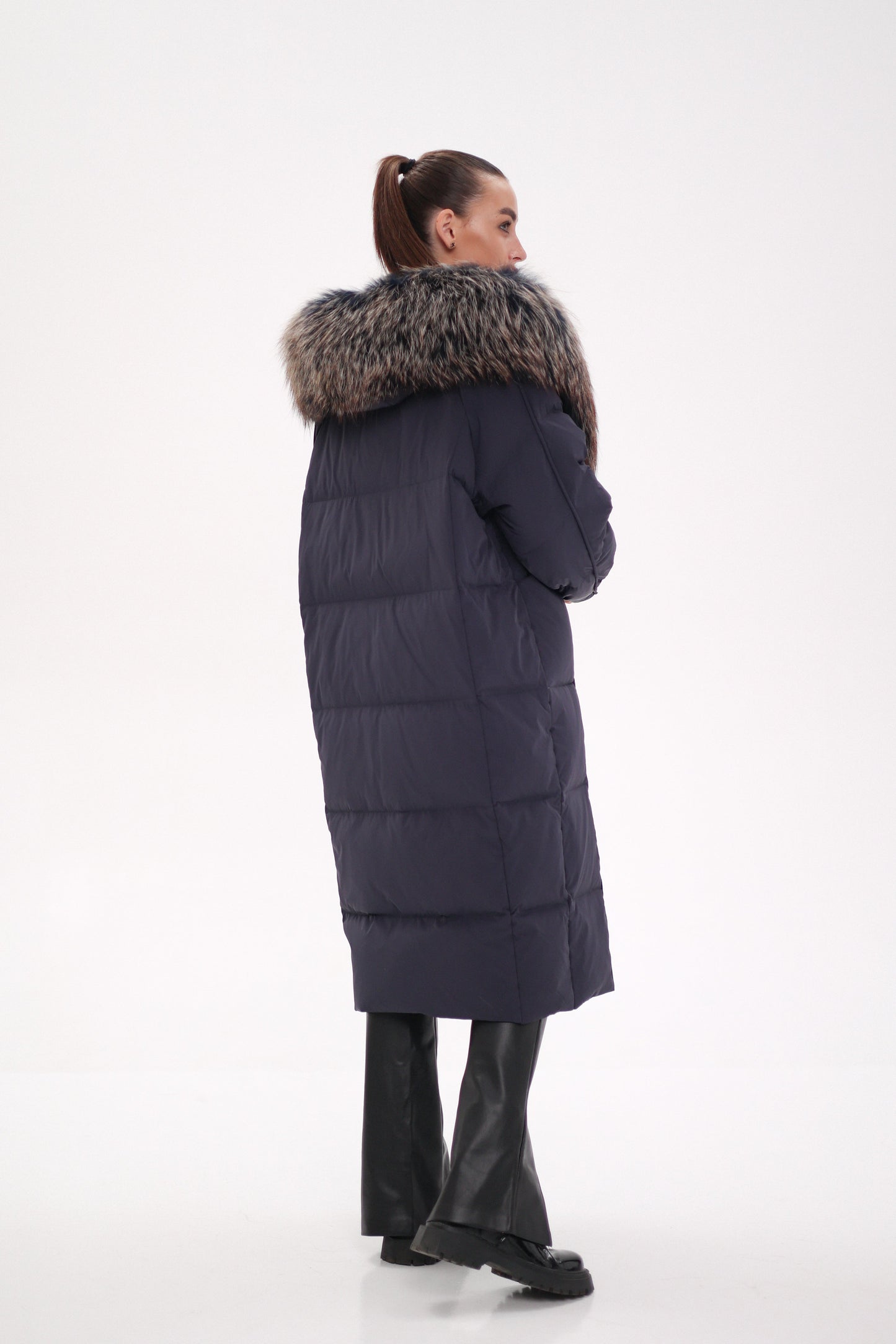 Rei Fur Trim Hooded Down Coat Navy