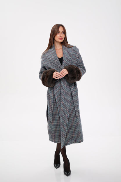 Polar Fox Fur Virgin Wool Wrap Coat