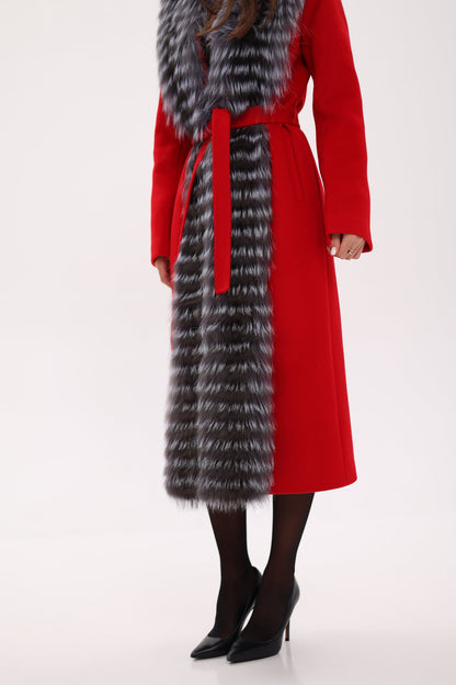 Silver Fox Virgin Wool Wrap Coat in Red