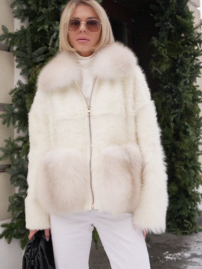 Elysian Genuine Polar Fox Trim Shearling Jacket