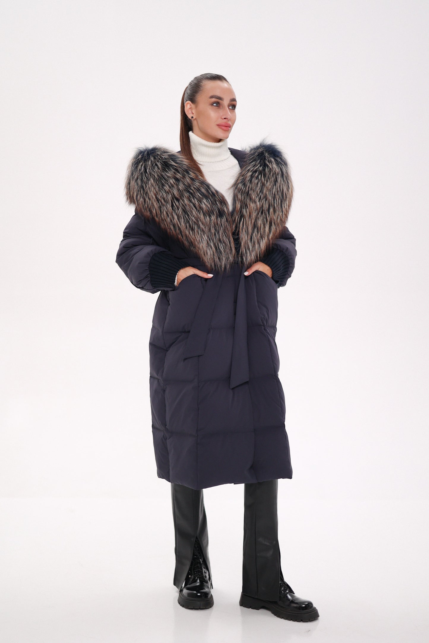Rei Fur Trim Hooded Down Coat Navy