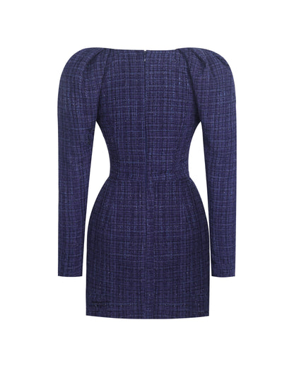 Denise Navy Tweed Ruched Puff Sleeve Mini Dress