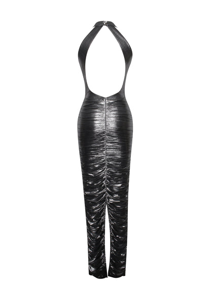 Abril Ruched Silver Glitter Backless Gown