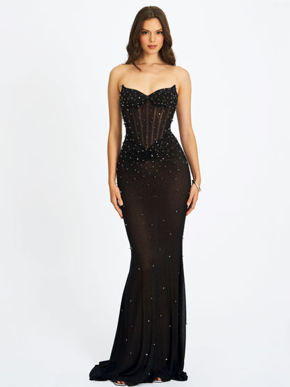 Fatima Black Crystal Sleeveless Corset Mermaid Maxi Dress