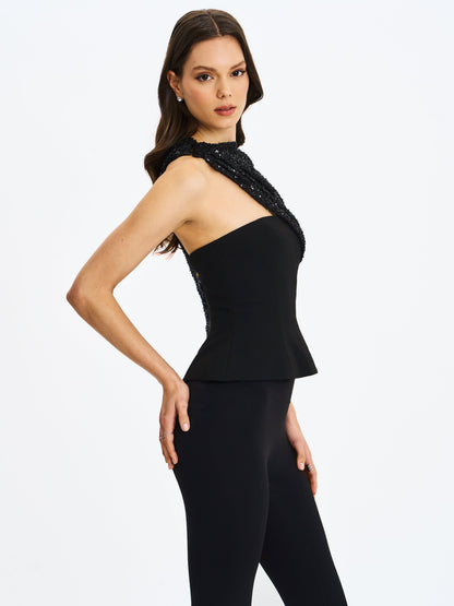 Quinette Black Peplum Top with Beaded Asymmetrical Cape