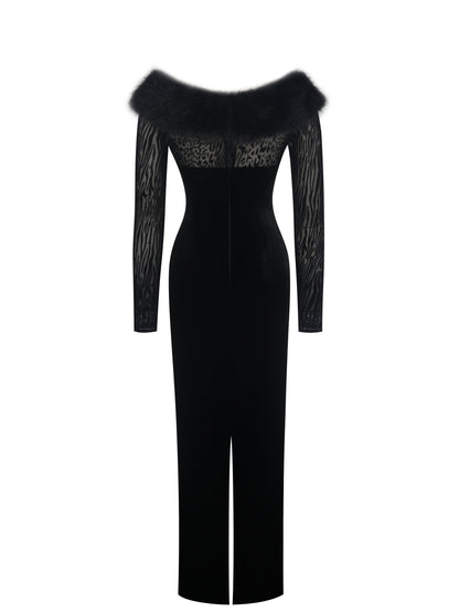 Alexis Black Velvet Animal Print Fur Boatneck Maxi Dress
