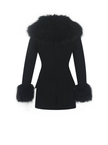 Hailee Black Single Breasted Wool Blend Mini Coat with Removable Fur Lapel