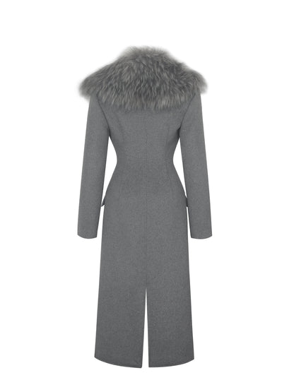 Faye Grey Wool Blend Single-Breasted Coat with Removable Faux Fur Collar