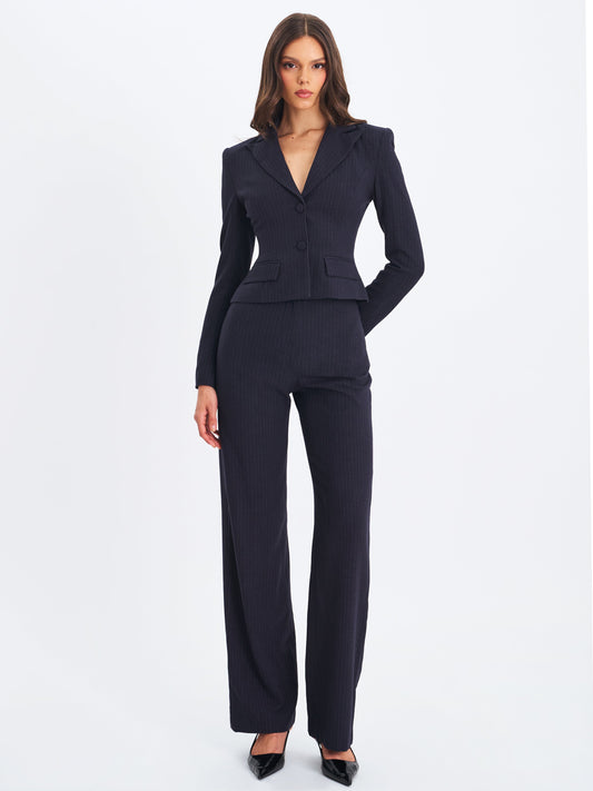 Quinnie Navy Striped High-Waisted Straight Leg Pant