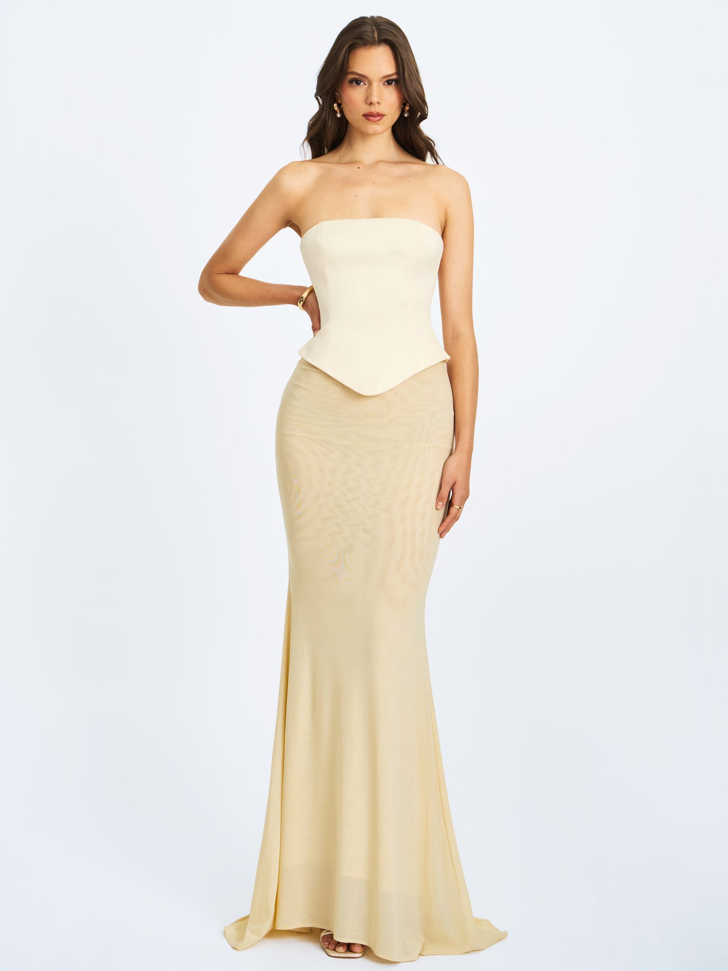 Adelina Butter Yellow Peplum Mermaid Gown with Lace-up Back