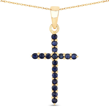 14K Yellow Gold Blue Sapphire Cross Pendant