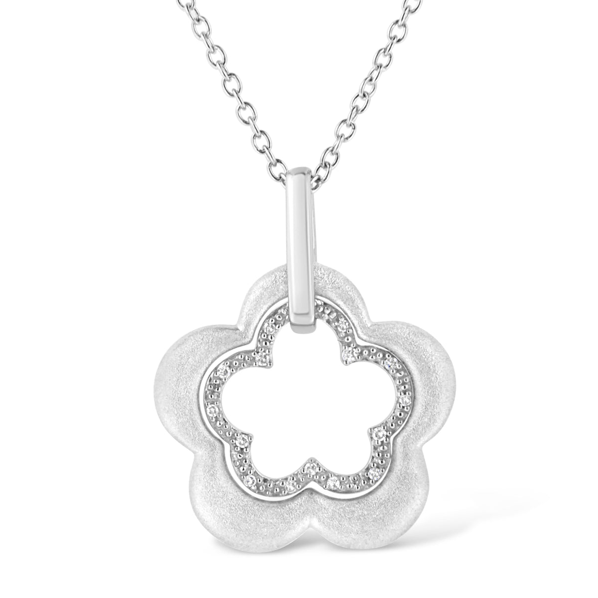 Sterling Silver Diamond Double Flower Pendant Necklace