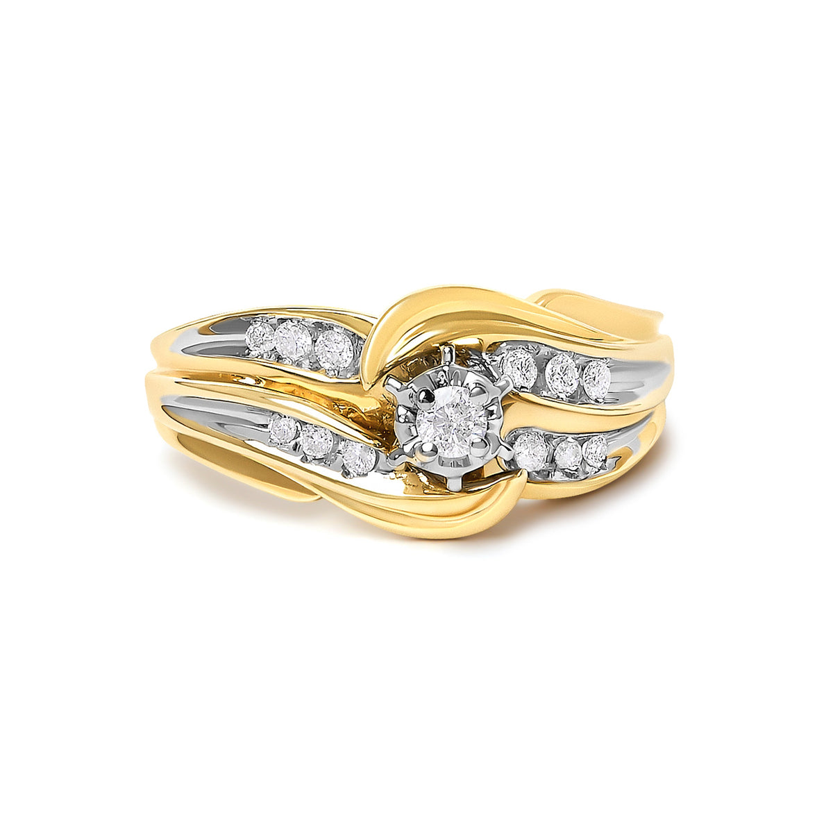 14K Yellow Gold Diamond Wave Motif Bypass Ring