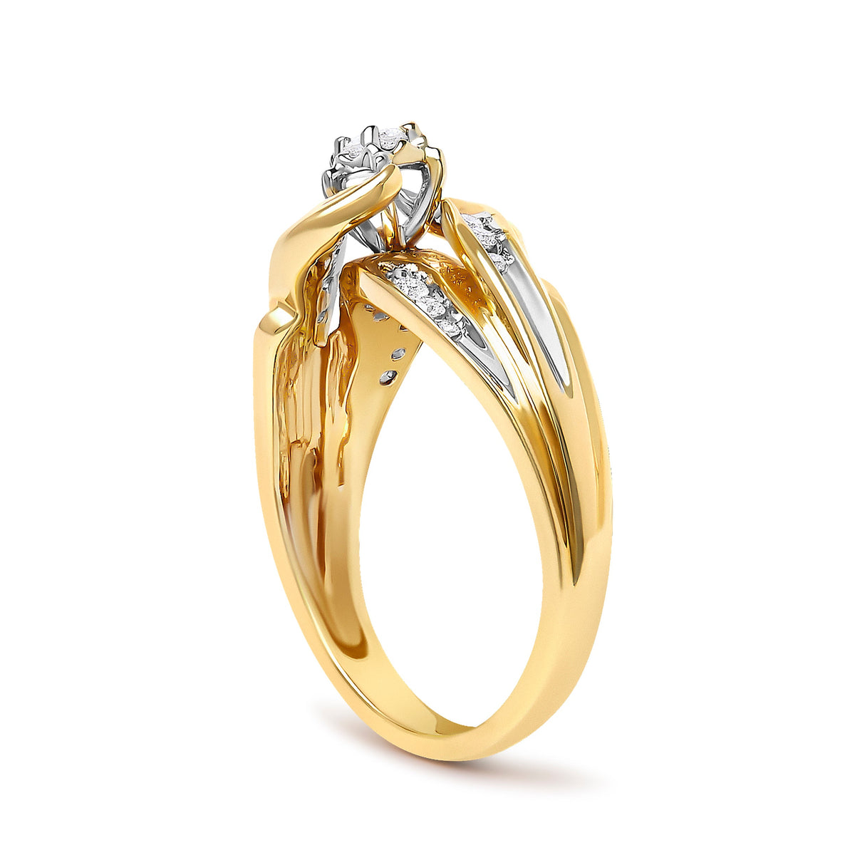 14K Yellow Gold Diamond Wave Motif Bypass Ring