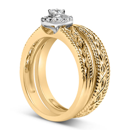 UndeniablyLuxe Fine Jewelry Diamond Halo Engagement Ring and Wedding Band Set