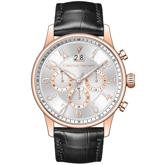 Christian Van Sant Heritage Black Leather Strap Watch