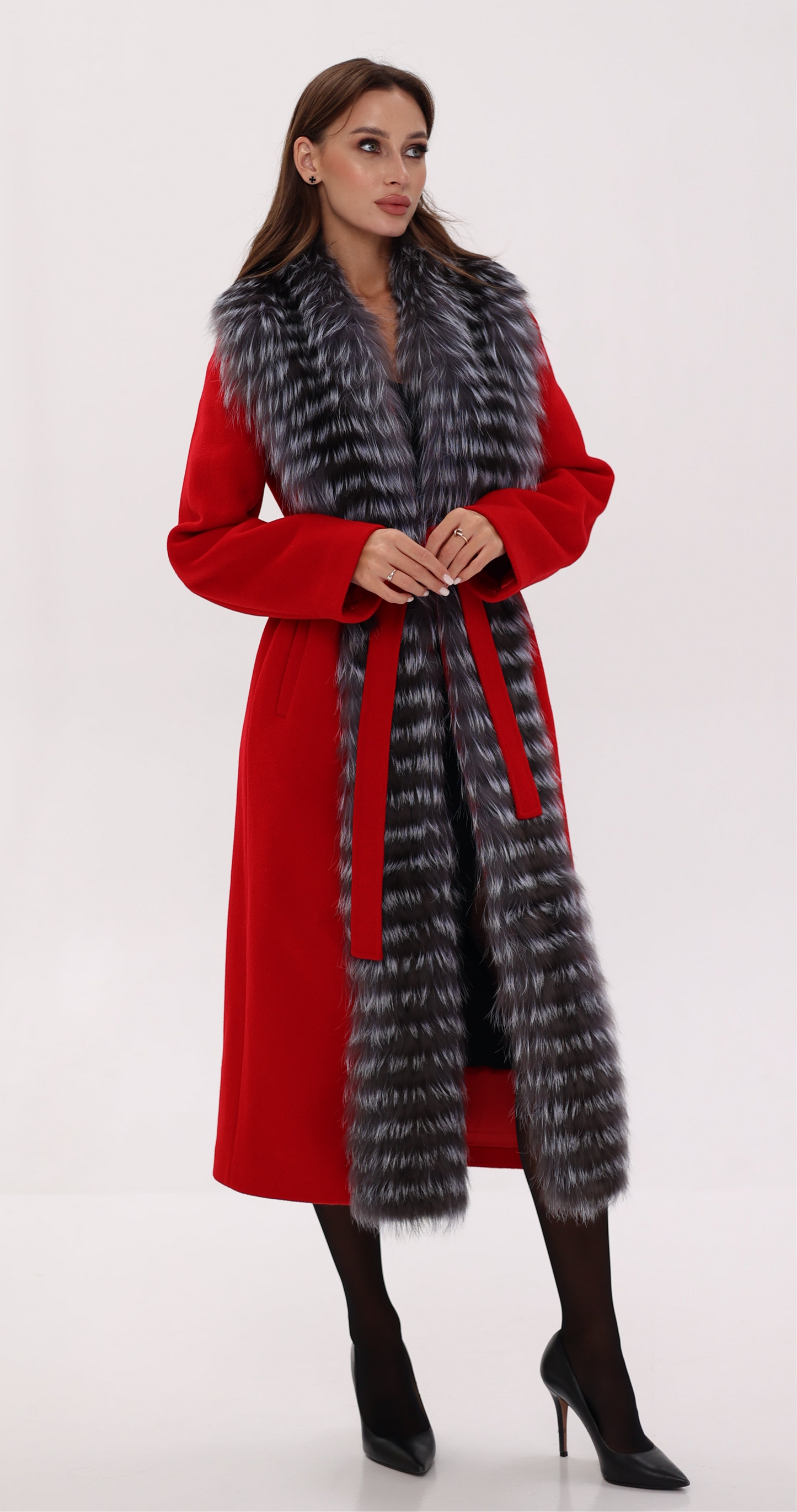 Silver Fox Virgin Wool Wrap Coat in Red