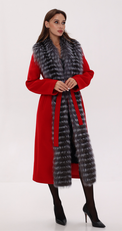 Silver Fox Virgin Wool Wrap Coat in Red