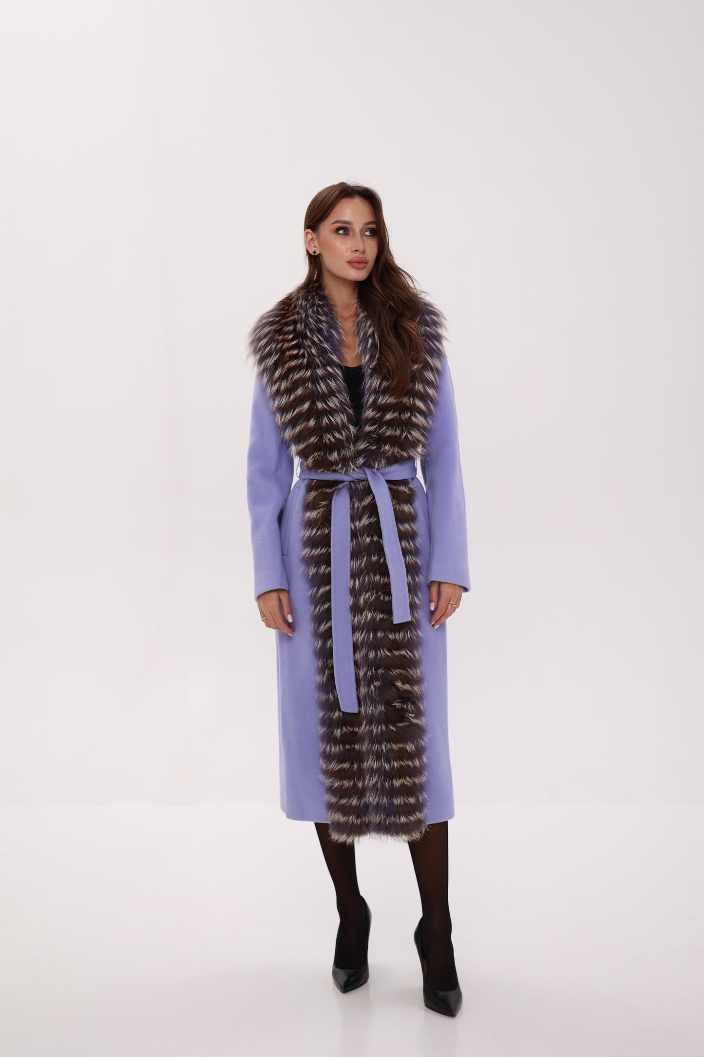 Silver Fox Virgin Wool Wrap Coat in Lavender