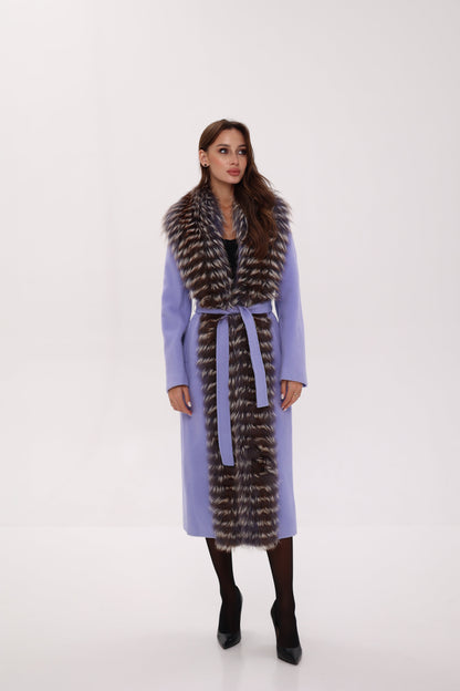 Silver Fox Virgin Wool Wrap Coat in Lavender
