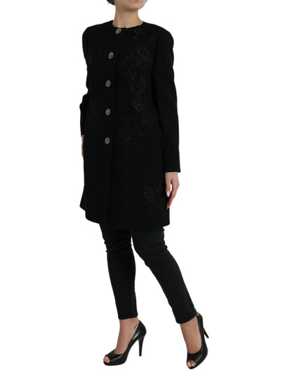 Dolce & Gabbana Black Floral Wool Button Embellished Jacket