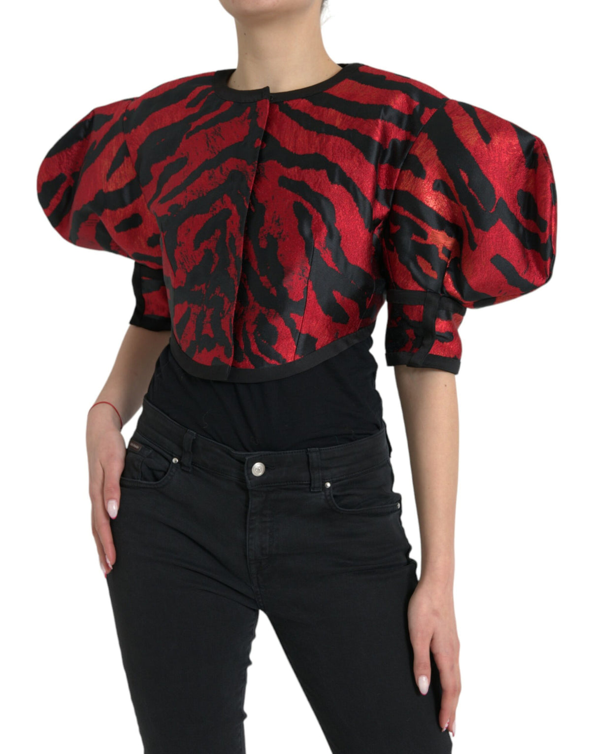 Dolce & Gabbana Black Red Patterned Cropped Coat Jacket