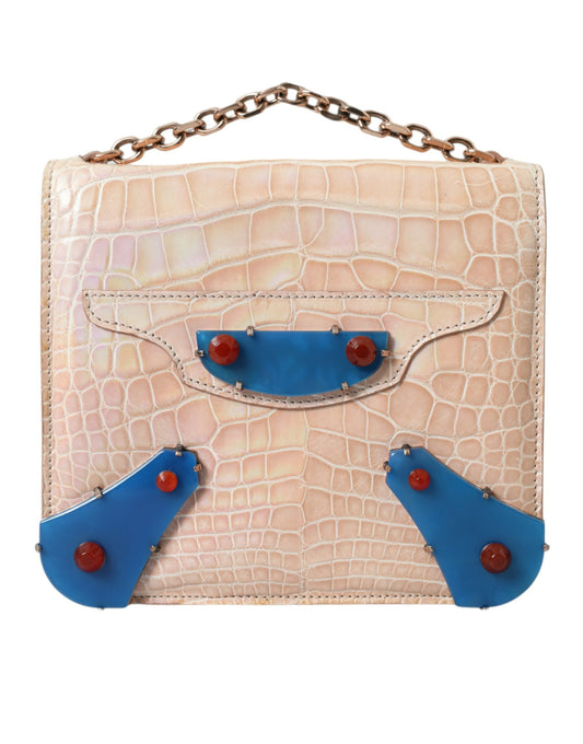 Balenciaga Neo Classic Chain Mini Beige Blue Agate Crocodile Leather Bag
