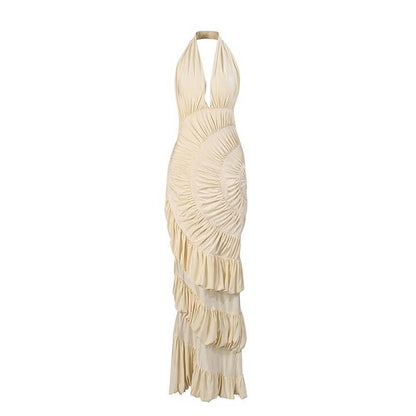 Halter Backless Ruched Ruffle Maxi Dress Elegant