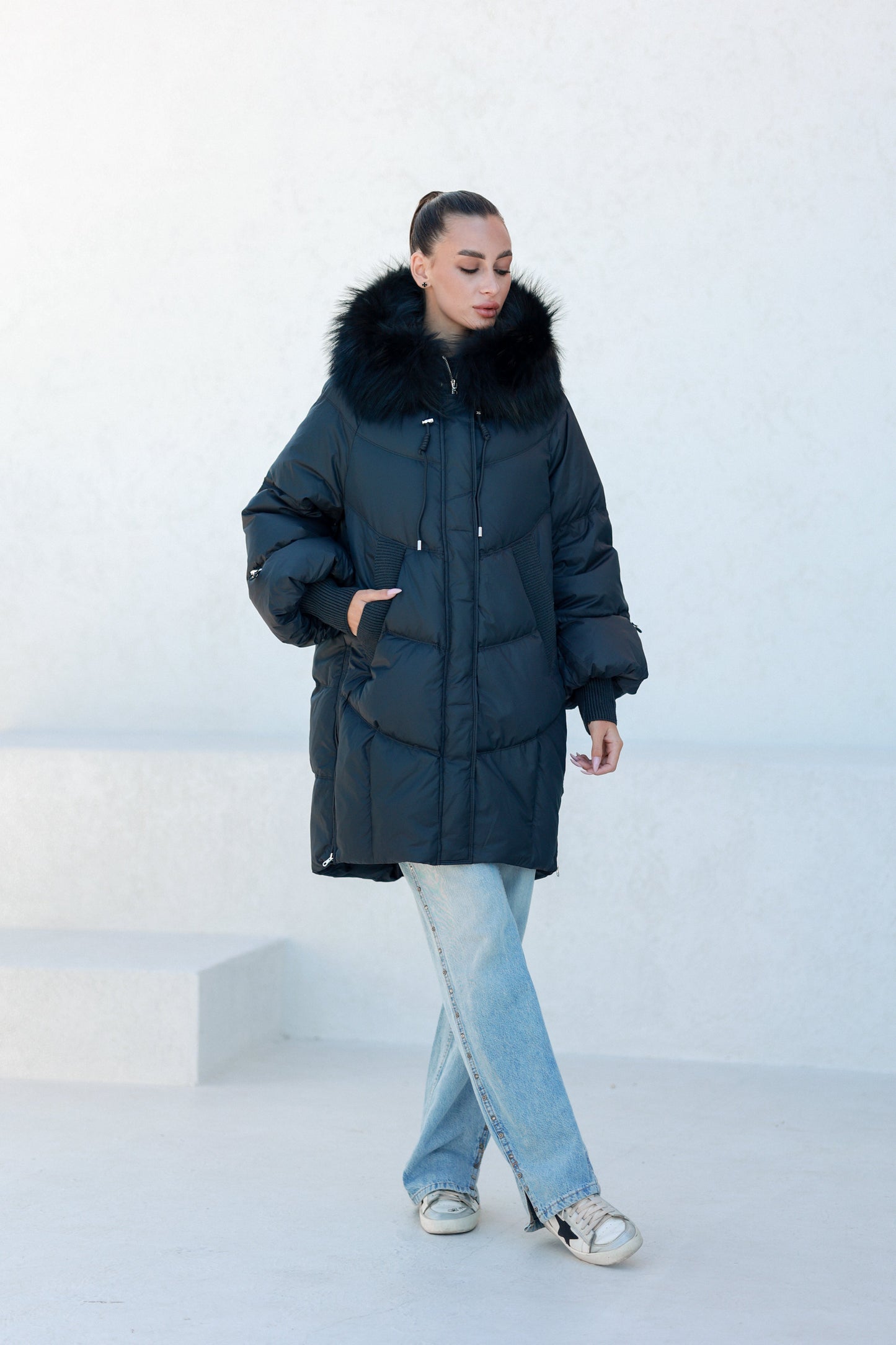 Celeste Fur Trim Down Fill Coat Black Coat