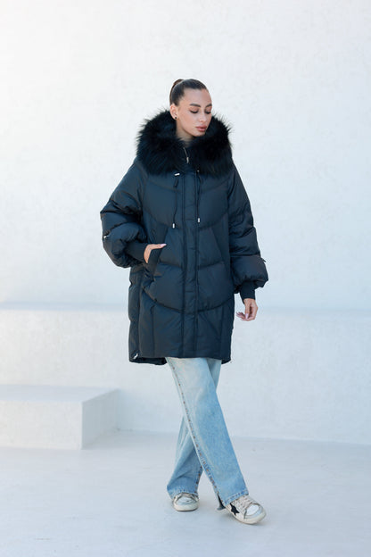 Celeste Fur Trim Down Fill Coat Black Coat