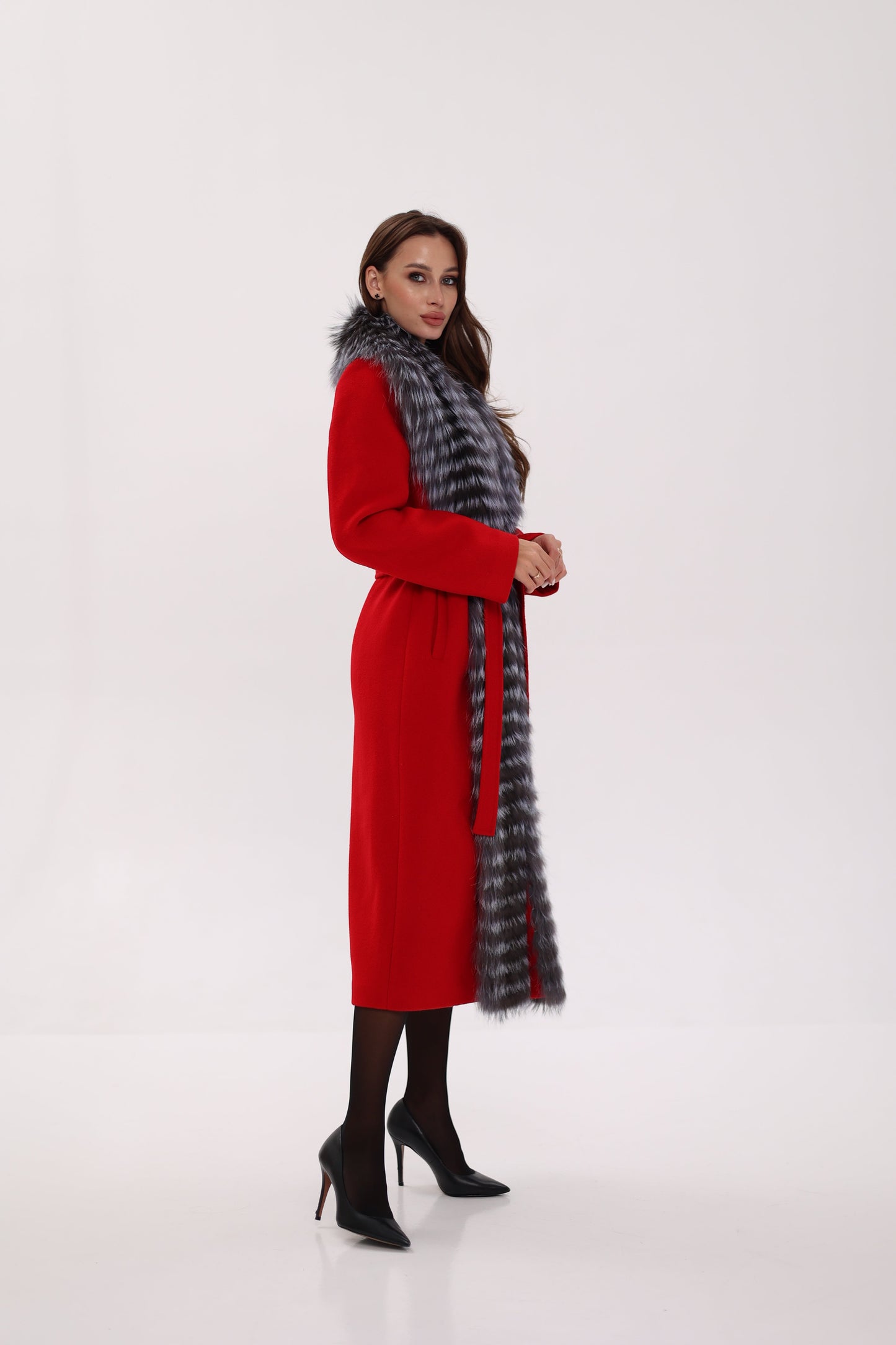 Silver Fox Virgin Wool Wrap Coat in Red