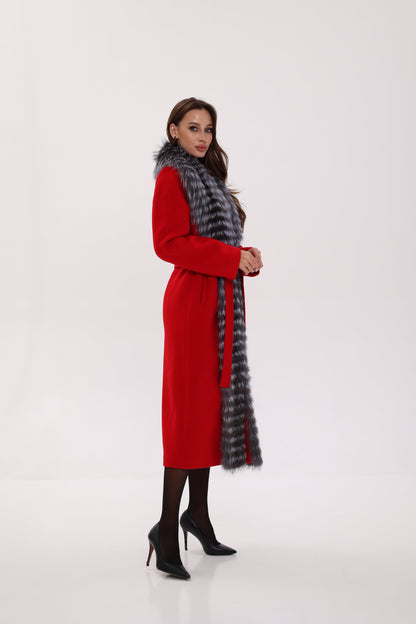 Silver Fox Virgin Wool Wrap Coat in Red