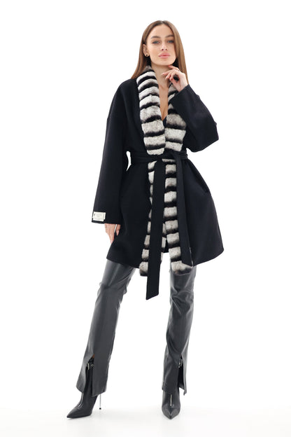 French Orylag Fur Italian Cashmere Wool Coat 85cm