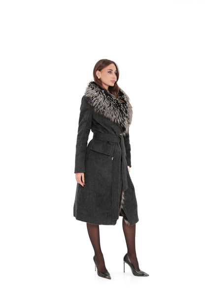 Genuine Silver Fox Cashmere Blend Coat
