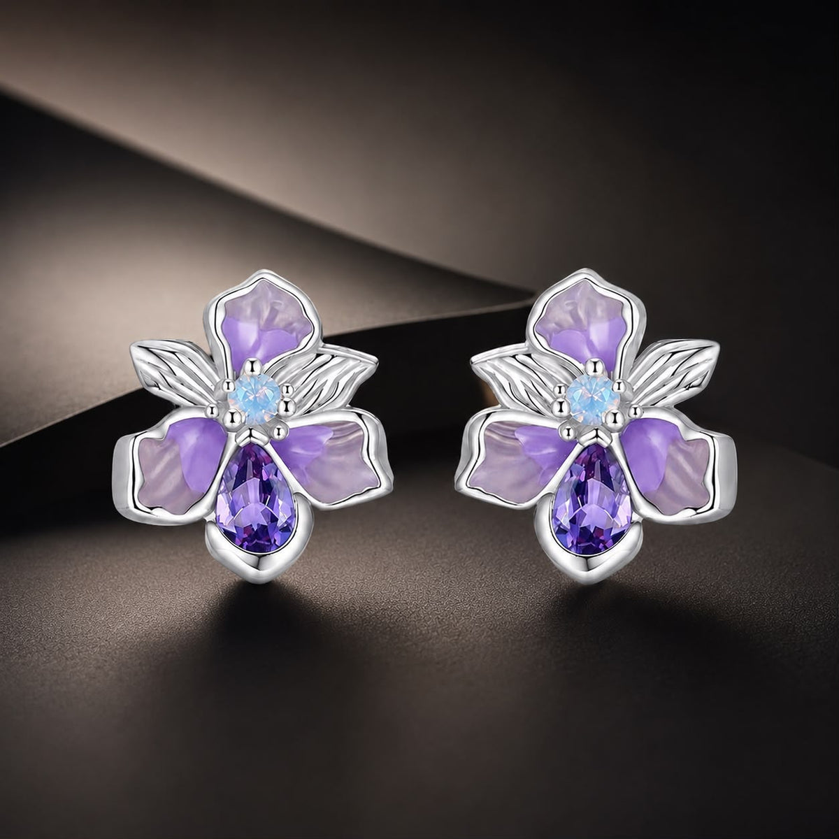 Sterling Silver White Gold Plated Nano Opal and CZ Pavé Stud Earrings