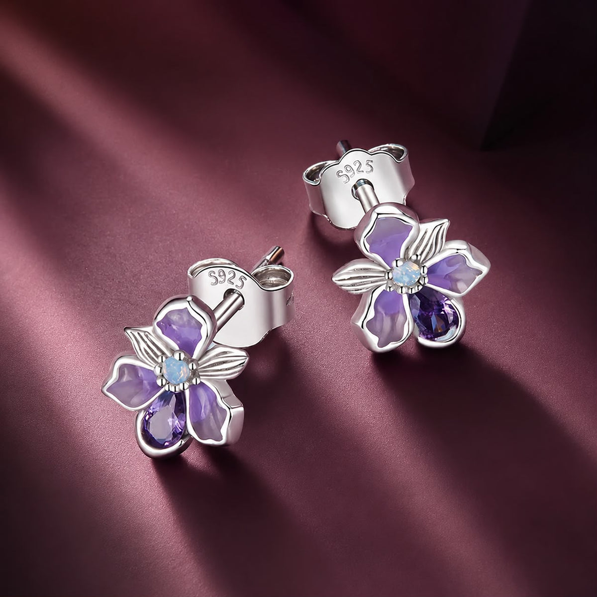 Sterling Silver White Gold Plated Nano Opal and CZ Pavé Stud Earrings