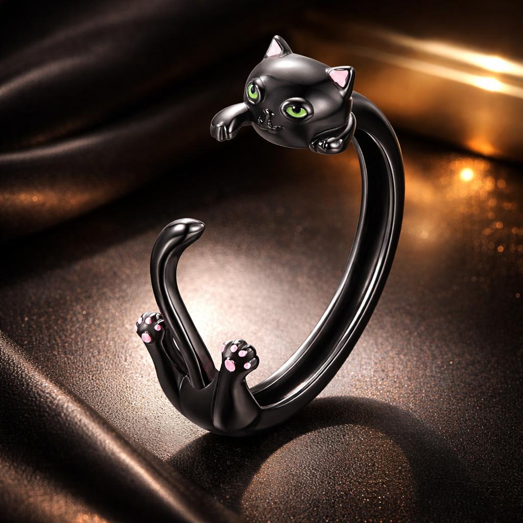 Sterling Silver Black Gold Plated Enamel Cat Head Ring