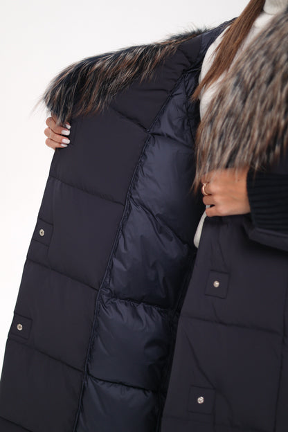 Rei Fur Trim Hooded Down Coat Navy