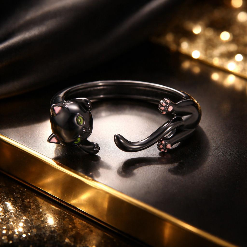 Sterling Silver Black Gold Plated Enamel Cat Head Ring